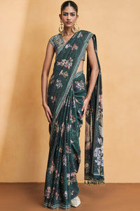 Flamingos In Flight Saree - Green