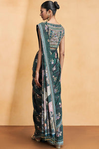 Flamingos In Flight Saree - Green