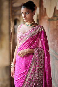 Anushna Handcrafted Badla Georgette Saree - Hot Pink