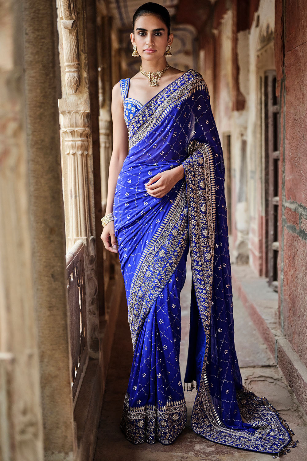 Anita Dongre | Anushna Handcrafted Badla Georgette Saree – Blue