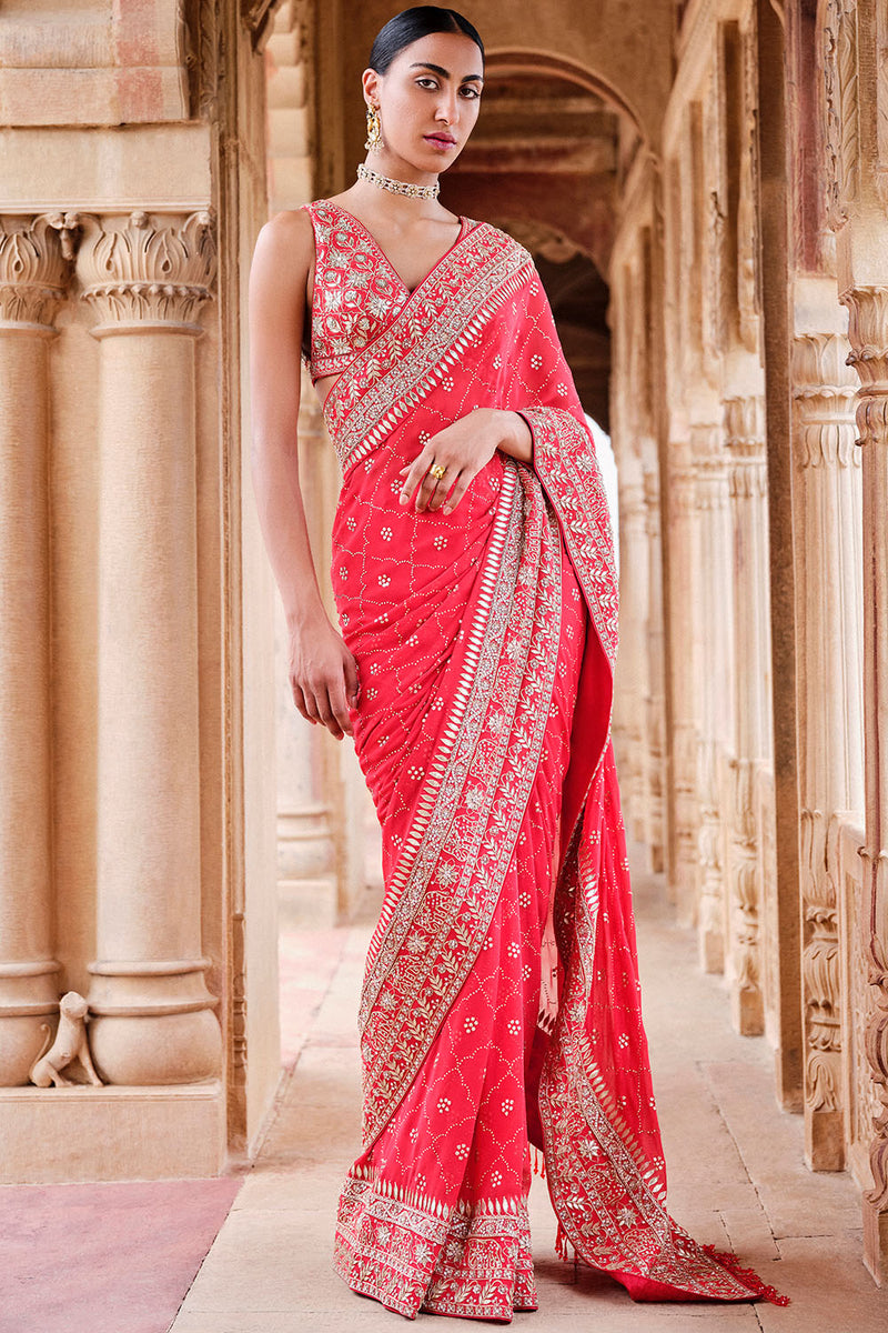 Anita Dongre Anushna Handcrafted Badla Georgette Saree Red LIVEtheCOLLECTIVE