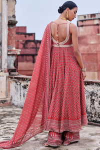Arvia Printed Mul Anarkali Set - Red