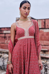 Arvia Printed Mul Anarkali Set - Red