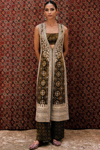 Souheir Ajrakh Printed Silk Tabard Set - Olive