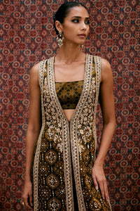 Souheir Ajrakh Printed Silk Tabard Set - Olive