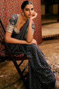 Akari Ajrakh Hand Printed Silk Saree - Blue