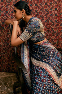 Akari Ajrakh Hand Printed Silk Saree - Blue