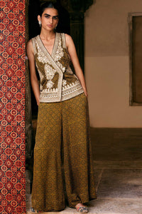Bahada Ajrakh Printed Silk Palazzo Set - Olive