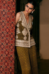 Bahada Ajrakh Printed Silk Palazzo Set - Olive