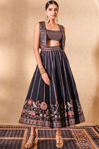 Moonlight Bloom Silk Skirt Set - Blue