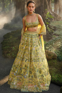 Meadowlark Hand-painted Pichhwai Silk Lehenga Set - Yellow