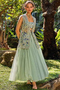 Ardis Embroidered Silk Skirt Set - Sage