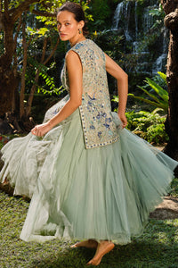 Ardis Embroidered Silk Skirt Set - Sage