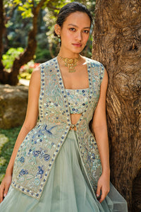 Ardis Embroidered Silk Skirt Set - Sage