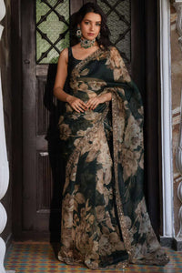 Bottle Green Floral Saree Set