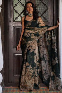 Bottle Green Floral Saree Set