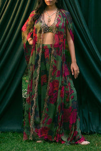 Mehendi Green Chiffon Pant And Cape Set