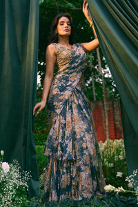 Teal Blue Chiffon Floral Frill Saree