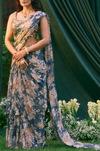 Teal Blue Chiffon Floral Frill Saree