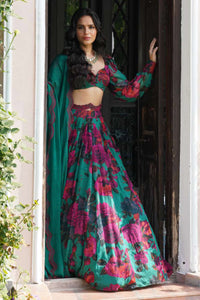 Teal Green Chiffon Floral Lehenga Set