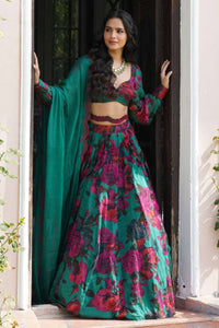 Teal Green Chiffon Floral Lehenga Set