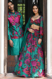 Teal Green Chiffon Floral Lehenga Set