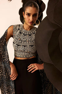 Geometric Blouse with Flared Pant & Rosette Drape