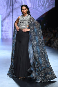 Geometric Blouse with Flared Pant & Rosette Drape