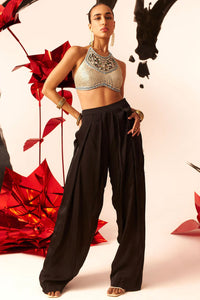 Halter Embroidered Blouse with Black Pants