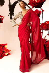 Red 6 Yard Saree With Embroidered Blouse