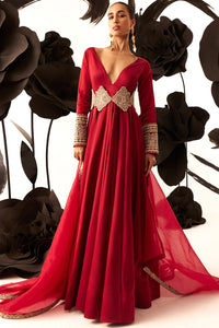 Retro Red Belted V-Neck Anarkali