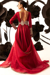 Retro Red Belted V-Neck Anarkali