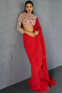 Red Draped Ruffle Saree Set