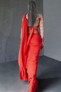 Red Draped Ruffle Saree Set