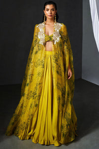 Mustard & Black Blossom Cape Lehenga Set