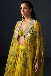 Mustard & Black Blossom Cape Lehenga Set