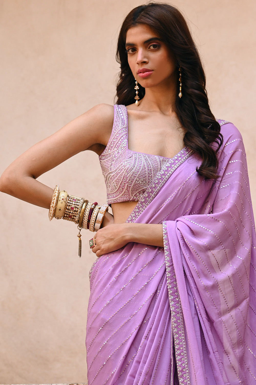 Buy Lavender Drape Saree With Waist Belt And Loose Sleeve Pattened Blouse  Online