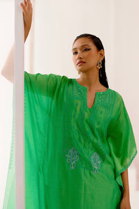 Green Silk Chanderi Embroidered Kaftan Set