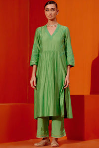 Green Silk Chanderi Patra Kurta Set