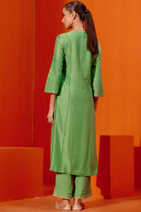 Green Silk Chanderi Patra Kurta Set
