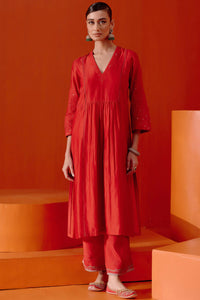Red Silk Chanderi Patra Kurta Set
