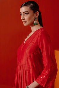 Red Silk Chanderi Patra Kurta Set