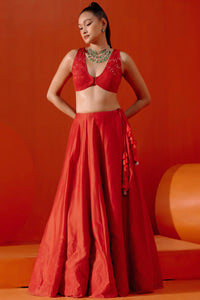 Red Embroidered Silk Chanderi Lehenga Set