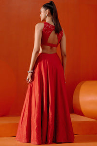 Red Embroidered Silk Chanderi Lehenga Set