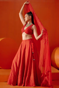 Red Embroidered Silk Chanderi Lehenga Set