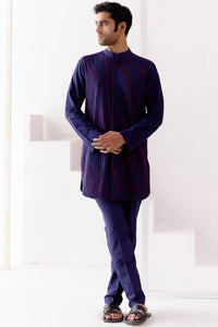 Navy Silk Blend Pin Tucks Kurta Set