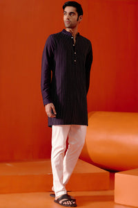 Navy Blue Silk Blend Pin Tucks Kurta Set