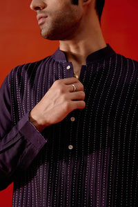 Navy Blue Silk Blend Pin Tucks Kurta Set