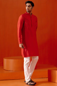 Red Self Embroidered Chanderi Kurta Set