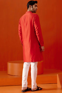 Red Self Embroidered Chanderi Kurta Set